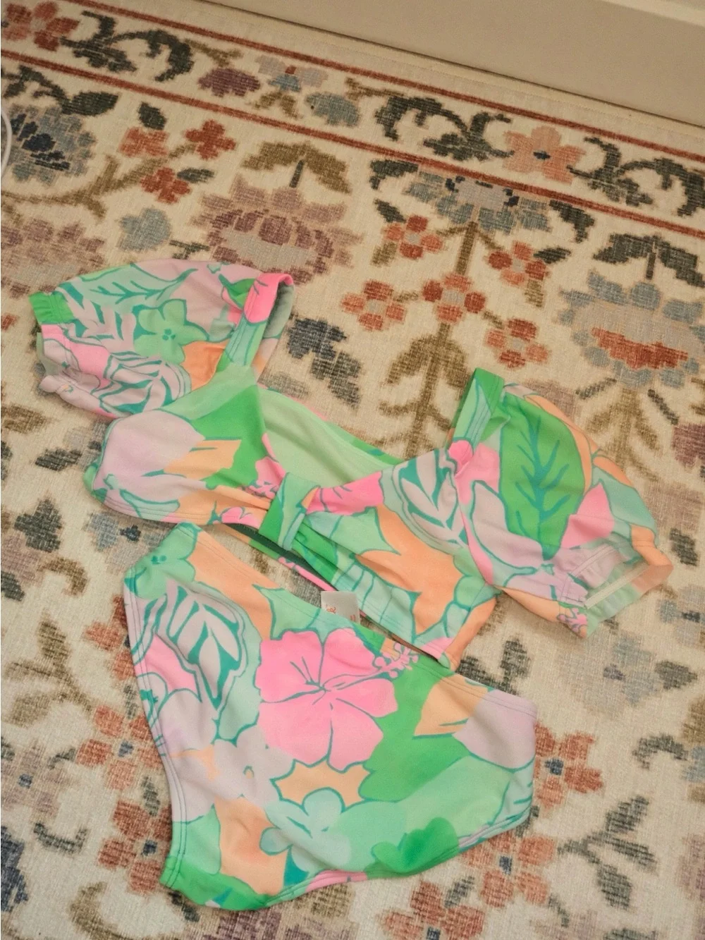 Cat & Jack Pastel Floral Puff-Sleeve Two-Piece Swimsuit - Green, Pink, Peach